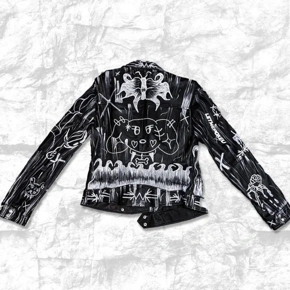 Black Faux Leather Hand-Painted Biker Jacket with White Graphic Art - Picture 2 of 3